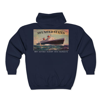SS United States - Full Zip Hooded Sweatshirt,  990' - Blue Riband '52 - 53,330 GRT - 38.3 knots